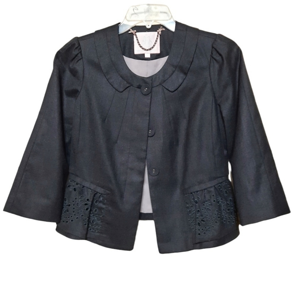 REBECCA TAYLOR Wool Crop Blazer Eyelet Peplum Detail Puff Shoulder Grey Gray XS - Picture 2 of 11